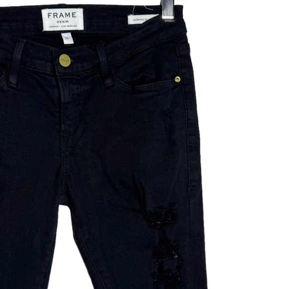 Frame Denim Black Film Noir Le Skinny De Jeanne Distressed Skinny Leg Jeans 26 - Picture 8 of 16